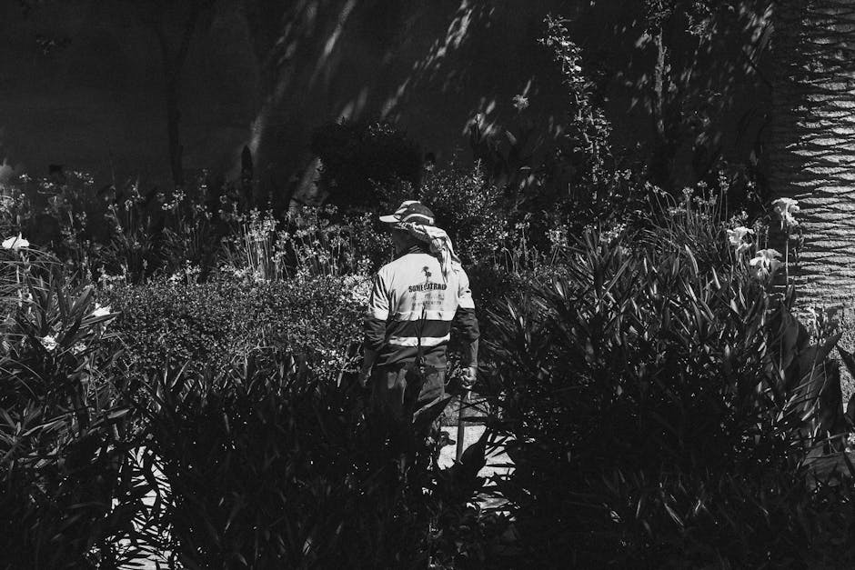 A gardener wearing a wide-brimmed hat and a reflective jacket labeled 'SOMERSET' is tending to a lush garden at night, surrounded by dense foliage and flowering plants. The scene includes neatly trimm